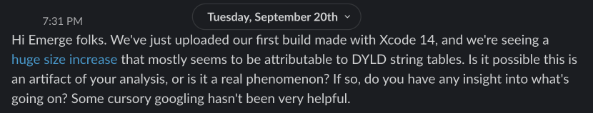 Slack message to Emerge Tools about size increase due to Xcode 14